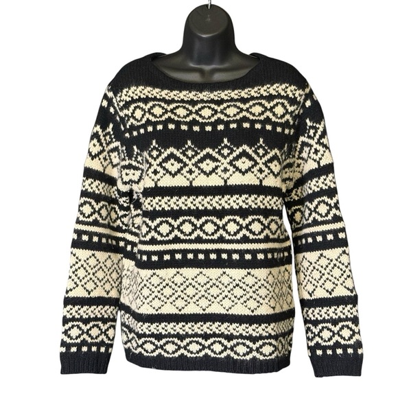 Vtg Eddie Bauer Chunky Knit Black Cream Sweater Lambswool Rabbit Blend Size M - Picture 1 of 7